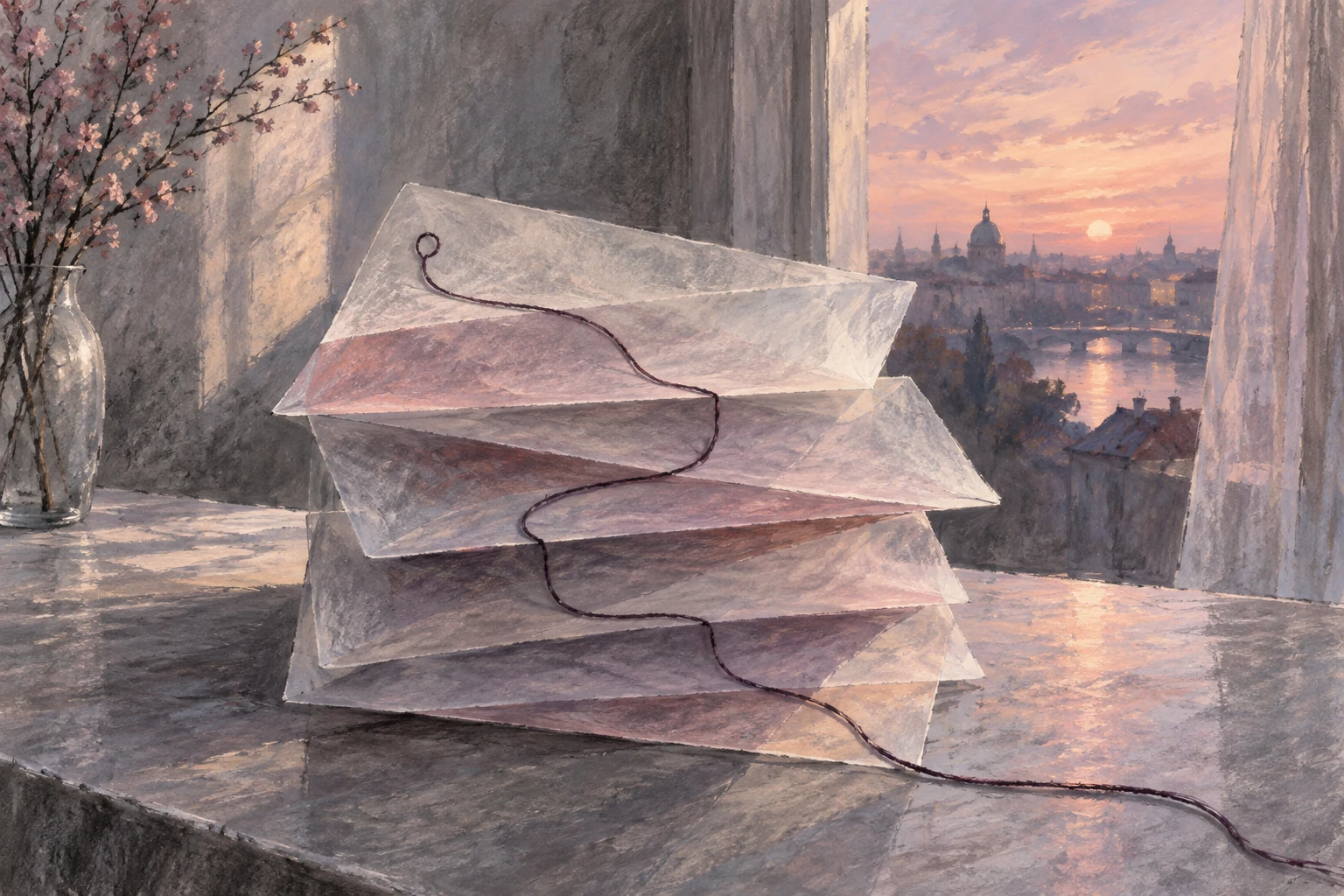 Original editorial illustration for Yesterdays: folded layers with returning descending thread.