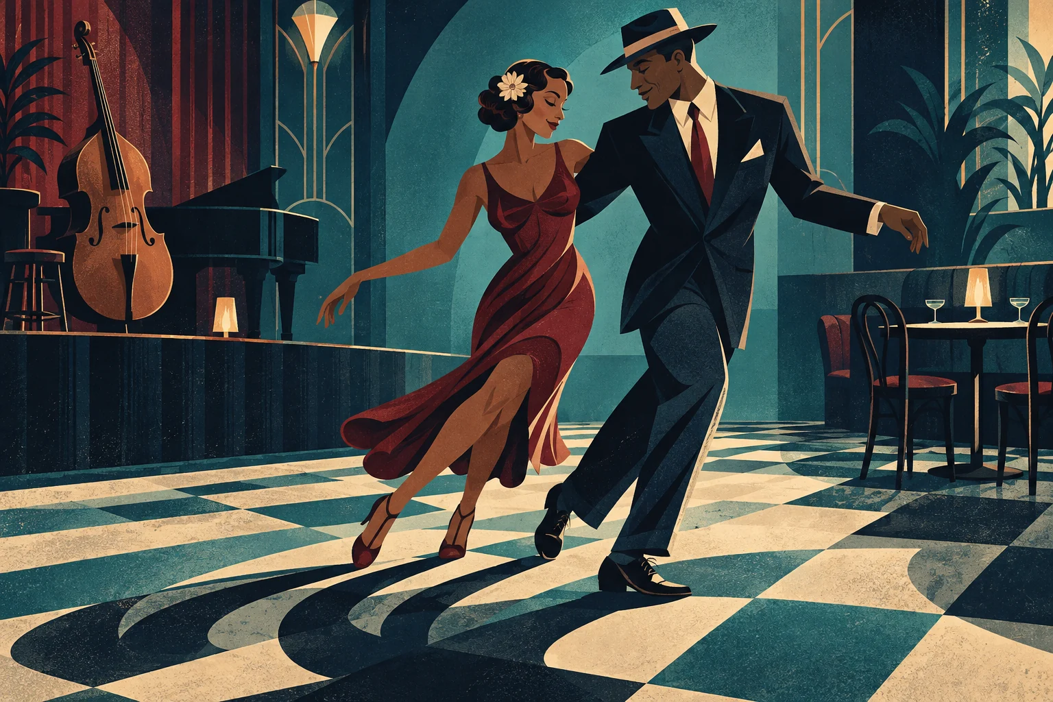 Original illustration: Two dancers gliding across a patterned blue dance floor.