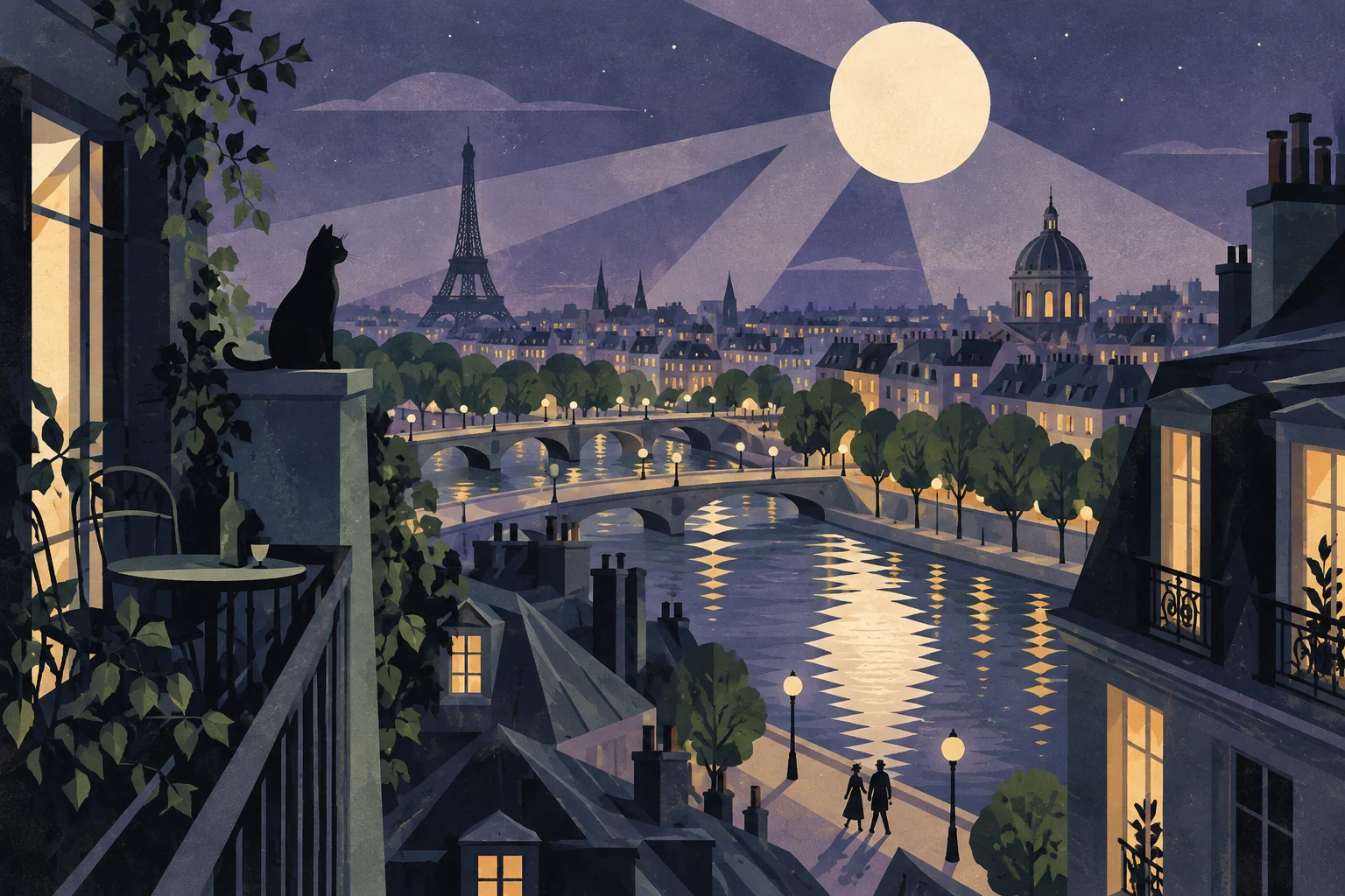 Original illustration: Moonlight above stylized Paris rooftops and a curving river.