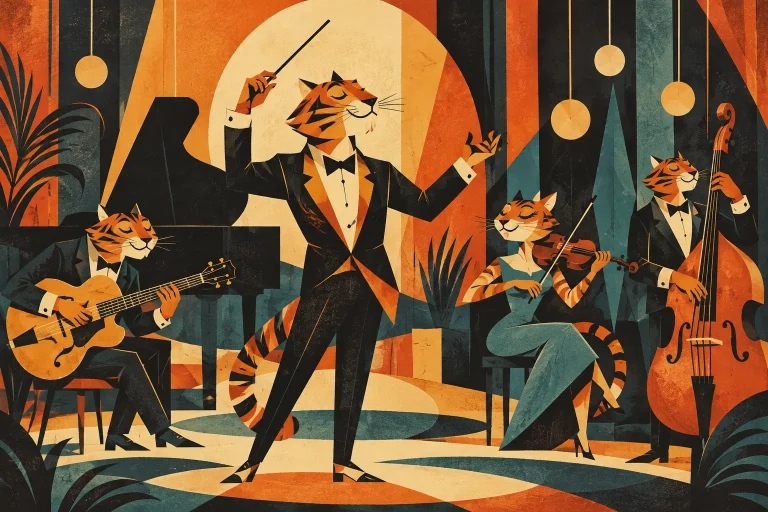 A stylized tiger conducts a guitar, violin and bass ensemble.