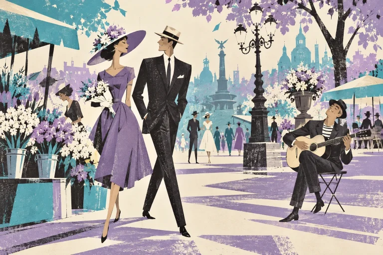A bright city promenade with two elegantly dressed adults in spring hats, abstract flower stalls and an acoustic street guitarist, playful and spacious.