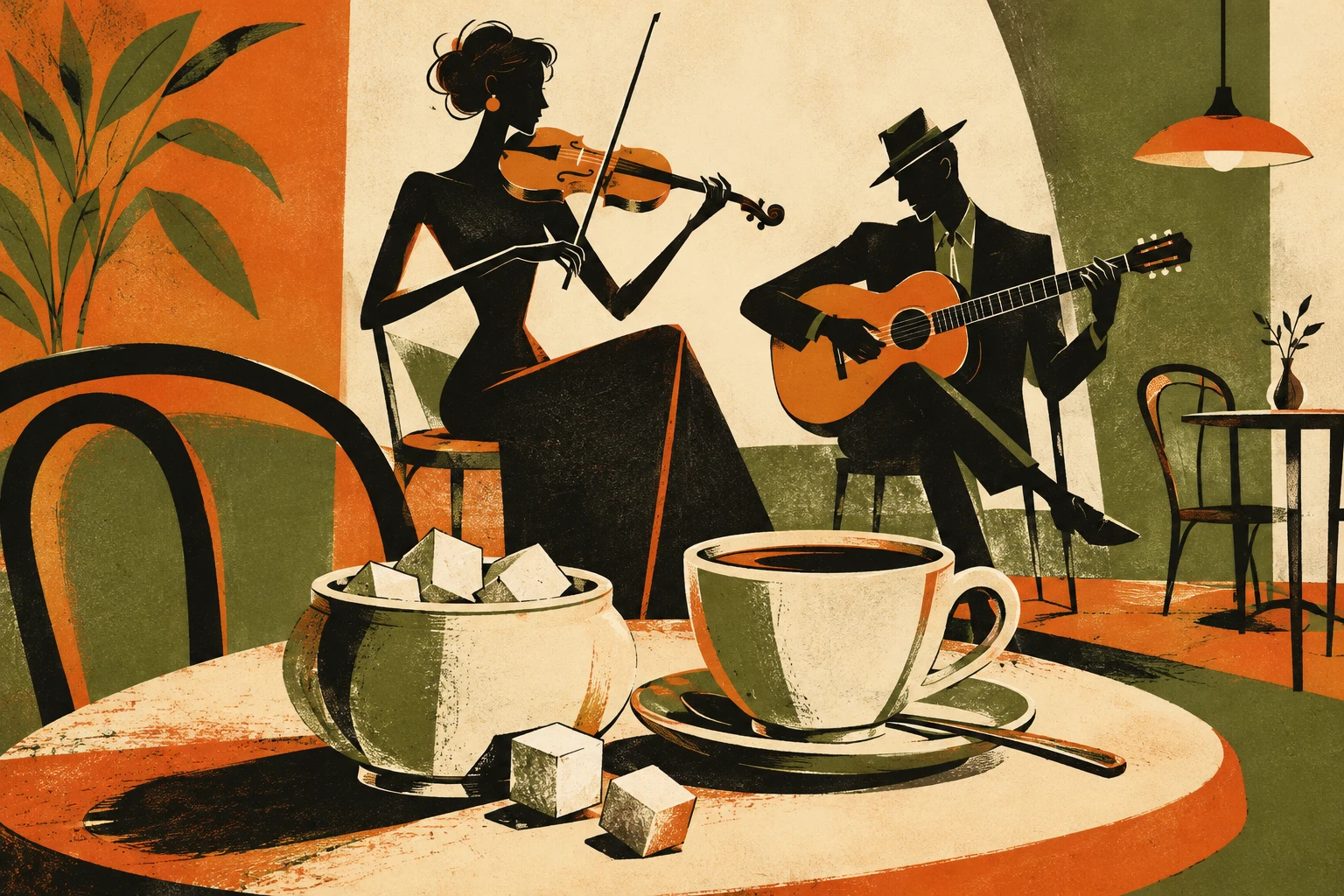A small sugar bowl and coffee cup in the foreground of a cafe, with a violinist and guitarist reduced to bold silhouettes behind; a few geometric sugar cubes.
