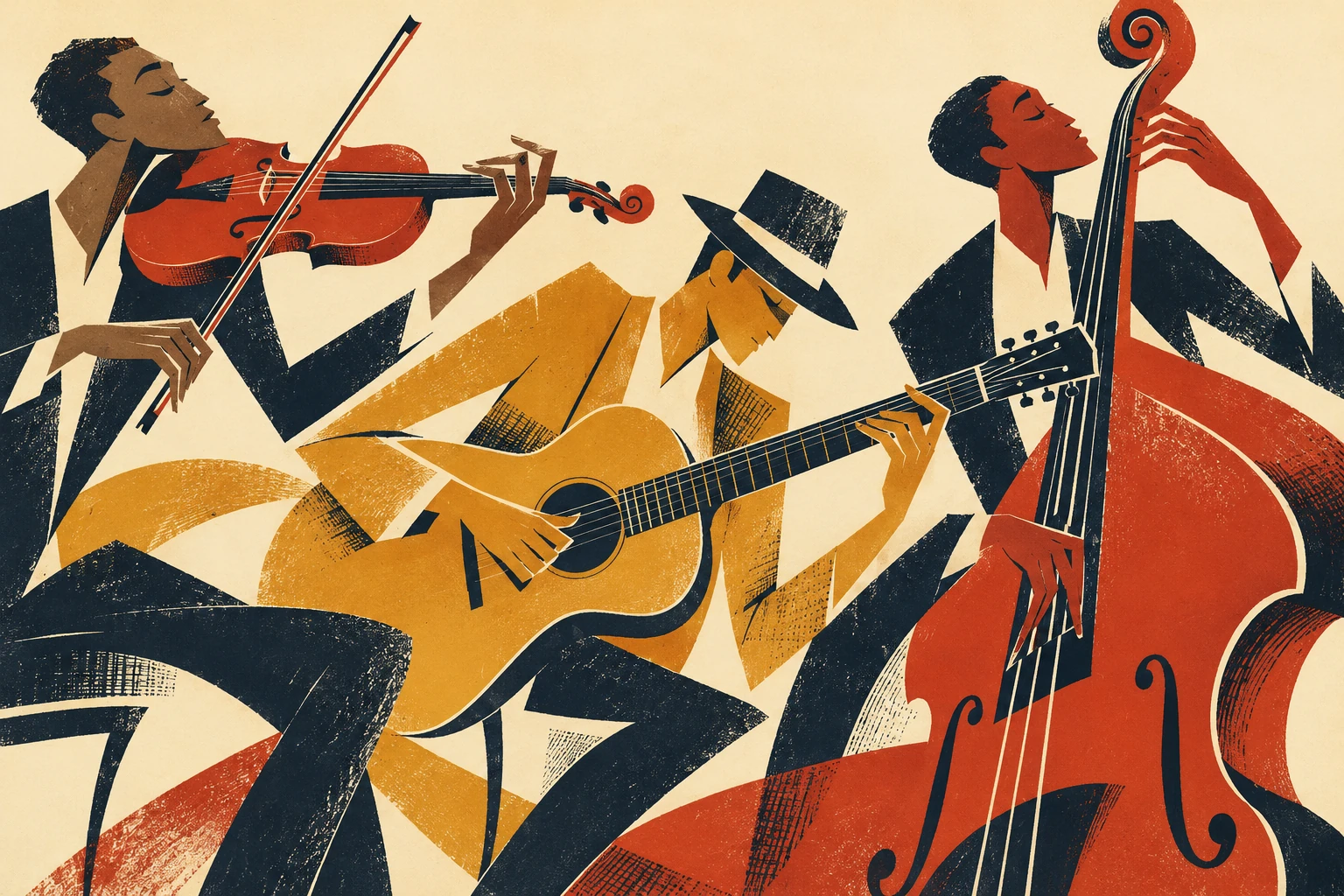 A violin bow, an acoustic guitar neck and a double-bass curve spiral into one lively interlocking composition; three anonymous players, expressive wit and no impossible anatomy.