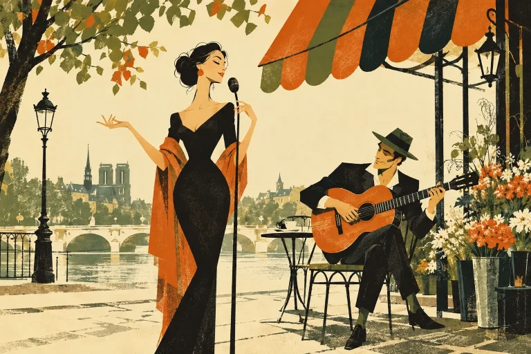 An elegant adult singer at a slender microphone and a seated acoustic guitarist beneath a Paris cafe awning; graceful angular poses and a single flower stall.