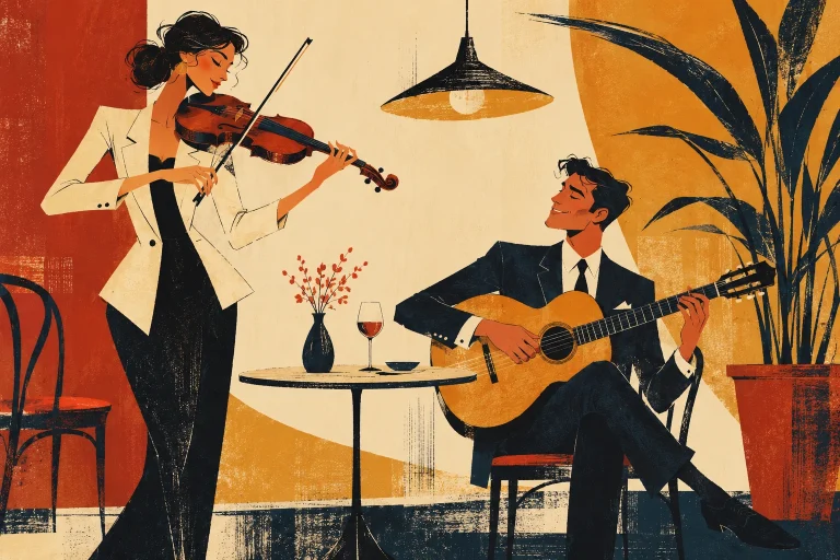 A violinist in a cream jacket and a guitarist in a dark suit face each other across a small round table; a tall potted plant and one warm hanging lamp establish a graceful lyrical cafe.