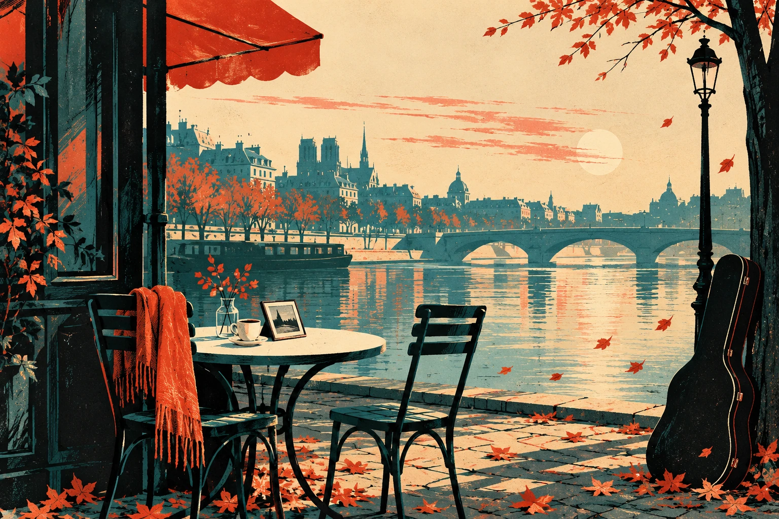 An empty riverside cafe table with a folded scarf, a small photograph frame without facial detail, a guitar case and autumn leaves; generous wistful negative space.