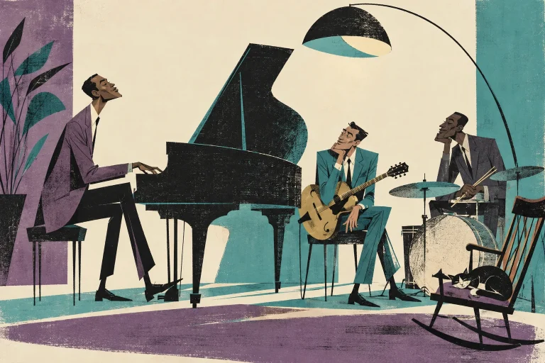 A pianist plays a sparse chord while a guitarist and drummer wait attentively, one large swinging floor-lamp arc and a quietly humorous rocking chair at the edge.