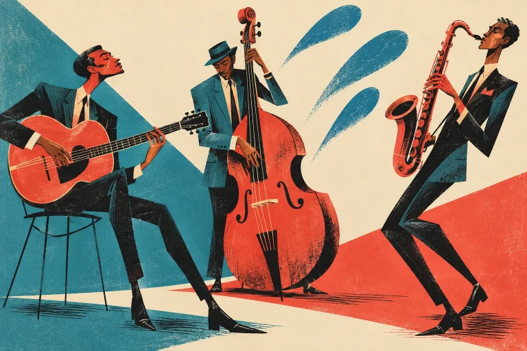 An acoustic guitarist and saxophonist lean into opposite diagonal planes, with a relaxed double bass between them; three blue ink shapes suggest a swinging riff.