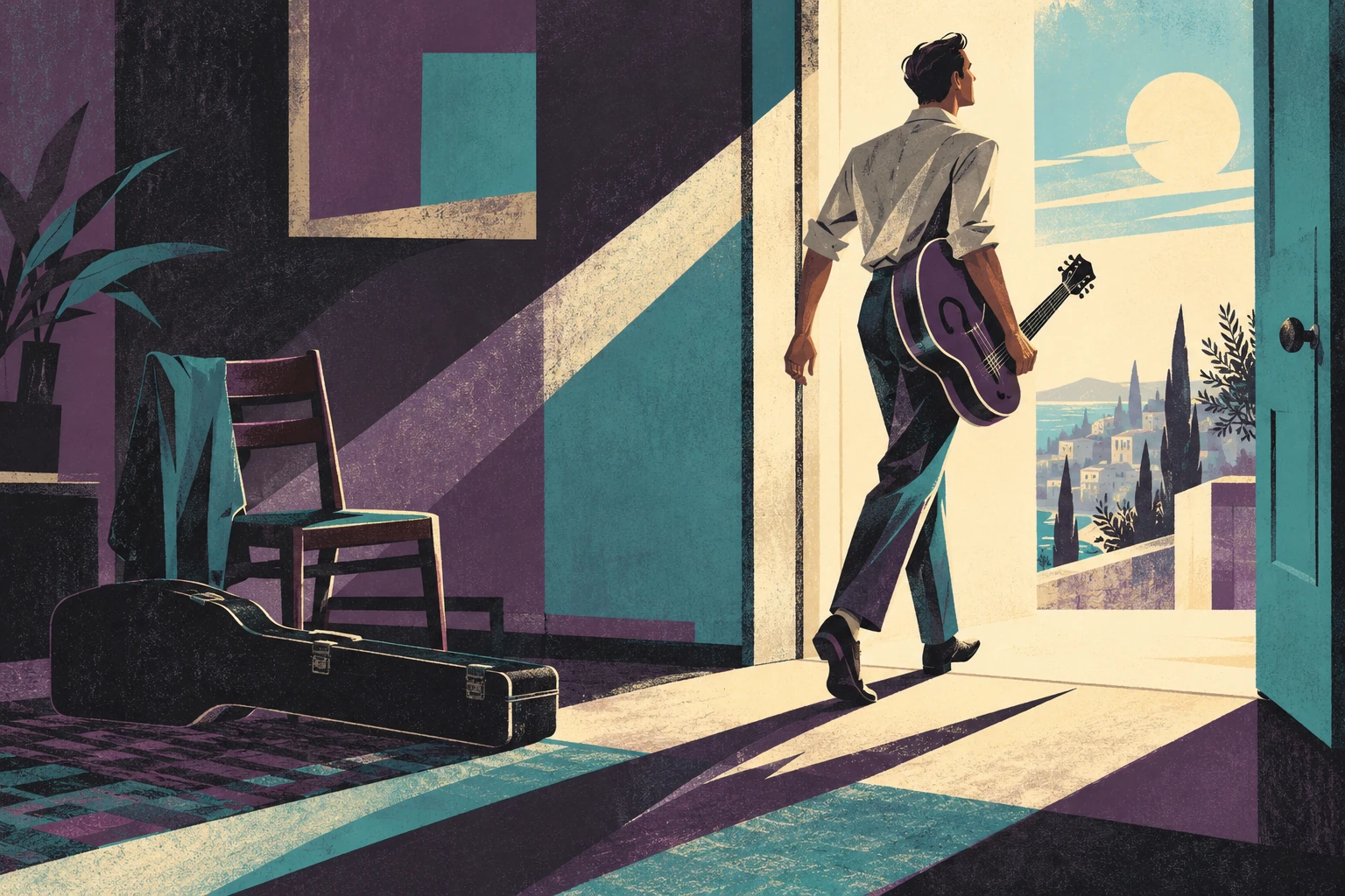 An adult guitarist steps through an open doorway toward morning light; a chair and closed instrument case remain behind. Crisp geometric shadows and optimistic restrained energy.