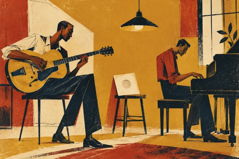 A guitarist and pianist trade quiet phrases in a spare rehearsal room; a blank record sleeve on a stool and a single hanging lamp suggest music without a label. No text.