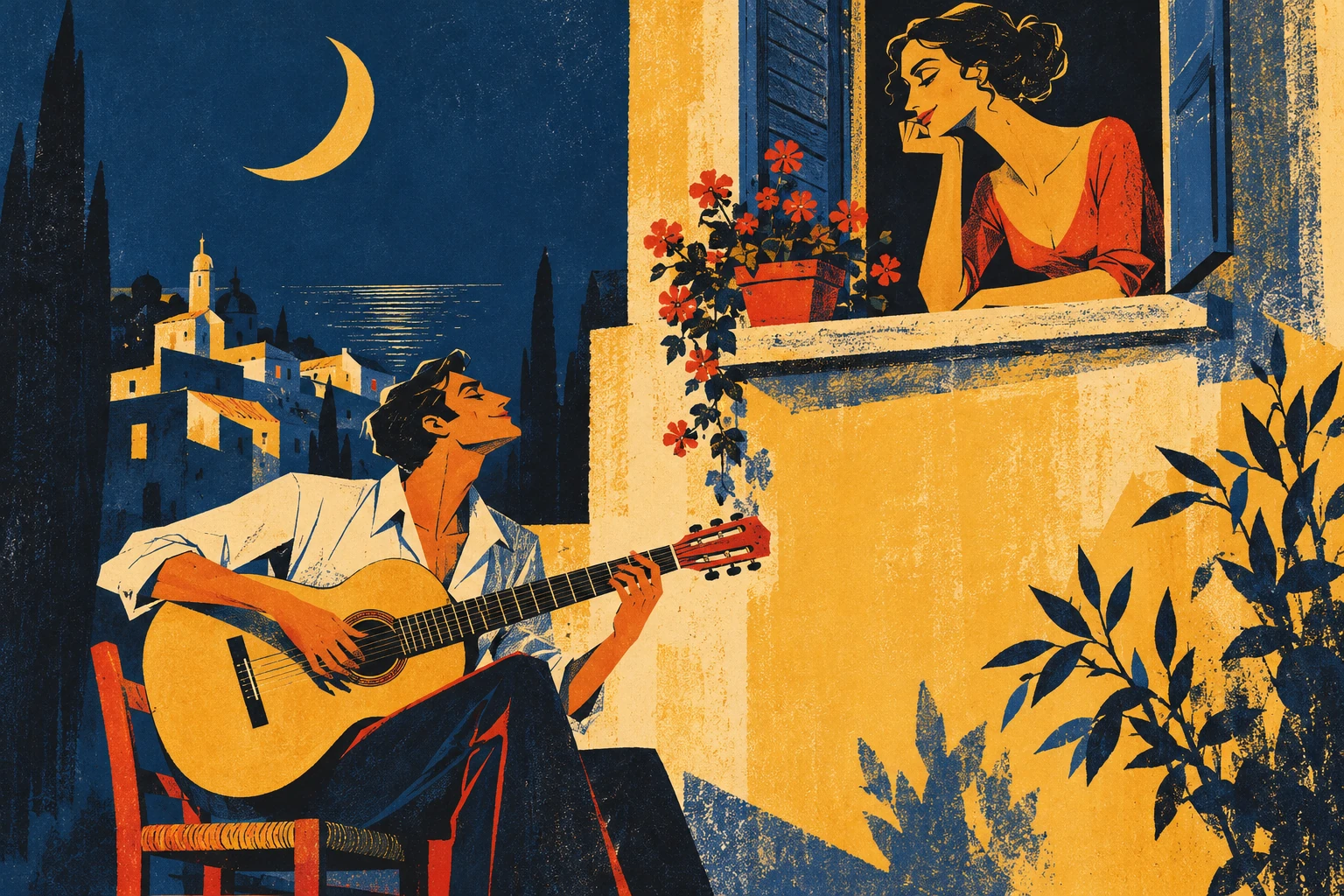 A seated acoustic guitarist plays beneath a high open window where an adult listener leans forward; a flowerpot and crescent moon frame an intimate asymmetric night scene.