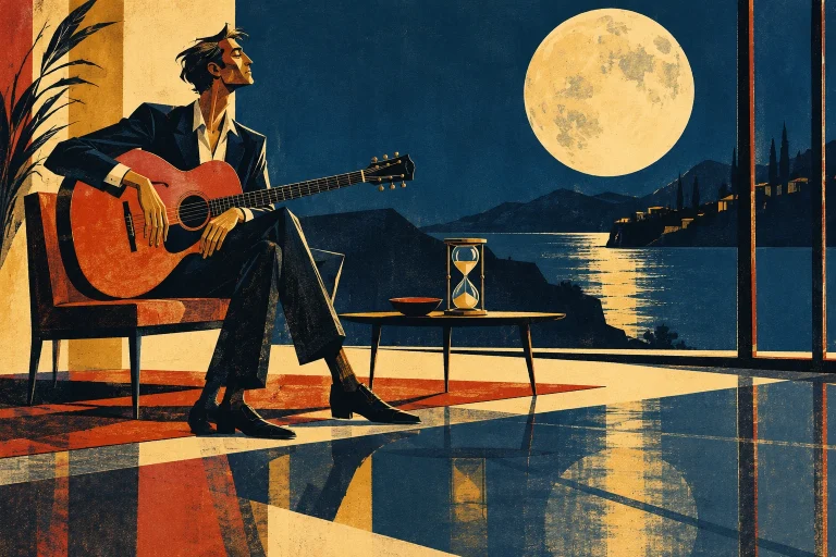 An adult guitarist holds a poised pause beneath an immense circular moon; an hourglass on a low table and a long window reflection make a quiet visual metaphor for suspended time.