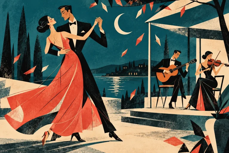 A formally dressed adult couple turns in a graceful dance below a crescent moon; a guitarist and violinist sit within an angular pavilion. Floating geometric leaves suggest a dream.