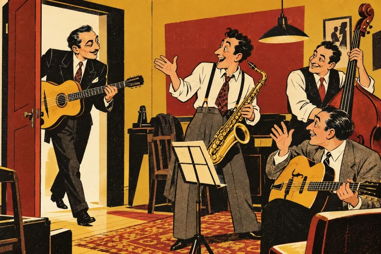 A guitarist steps out from behind a plain freestanding doorway into a saxophonist’s rehearsal. Friendly surprise, simple large blocks, no magical effects.