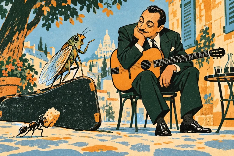 A well-dressed adult guitarist listens to a large stylized cicada on his guitar case while one ant carries a crumb below. Literary illustration with restrained comic wit, no words.