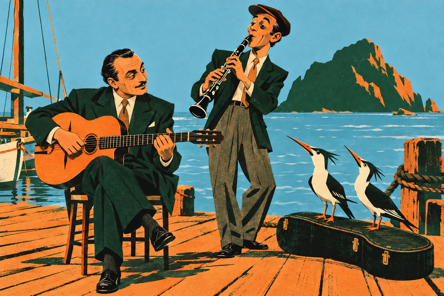 Two angular seabirds perch on a guitar case beside a guitarist and clarinetist on a plain dock. Their beaks echo the clarinet shape; a single bold island silhouette.