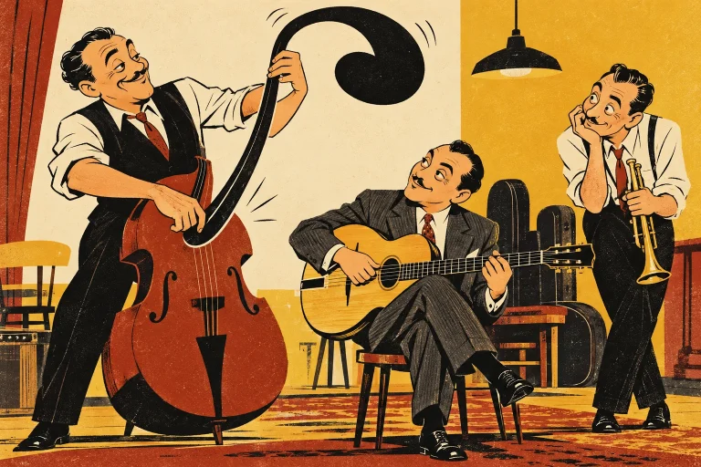 An adult bassist plucks one enormous graphic note-shaped string curl while guitarist and trumpeter listen with amused curiosity. Rehearsal invention, not a claimed historical instrument assignment.