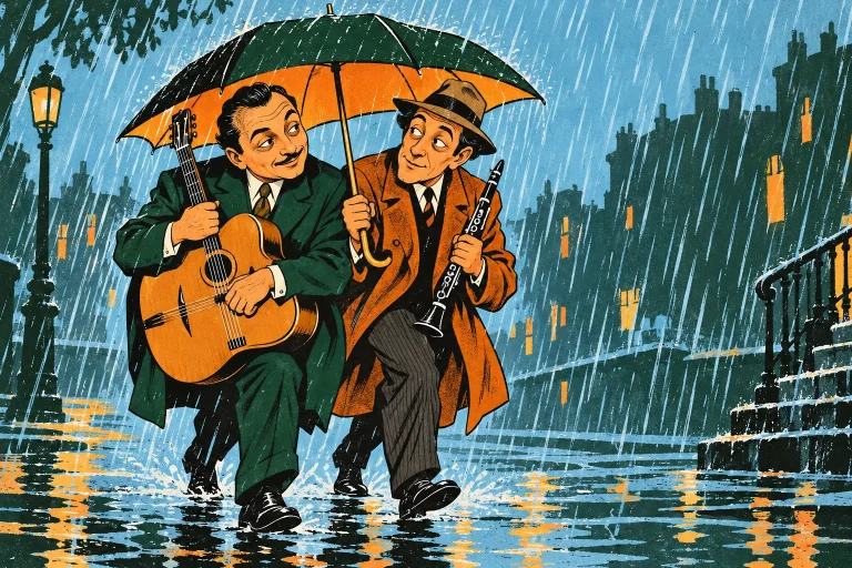 Two adult jazz musicians share a single umbrella while carefully keeping an acoustic guitar and clarinet dry; comic sideways glance, strong rain stripes and generous unprinted space.