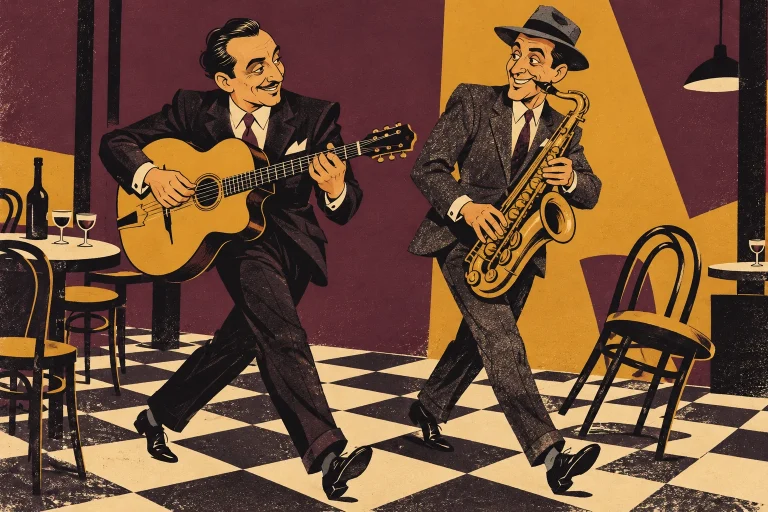 A Django-like guitarist and a saxophonist step briskly across a checkerboard cafe floor, grinning at one another. A small tilted chair adds visual wit; buoyant dry graphic movement, no sentimental scenery.