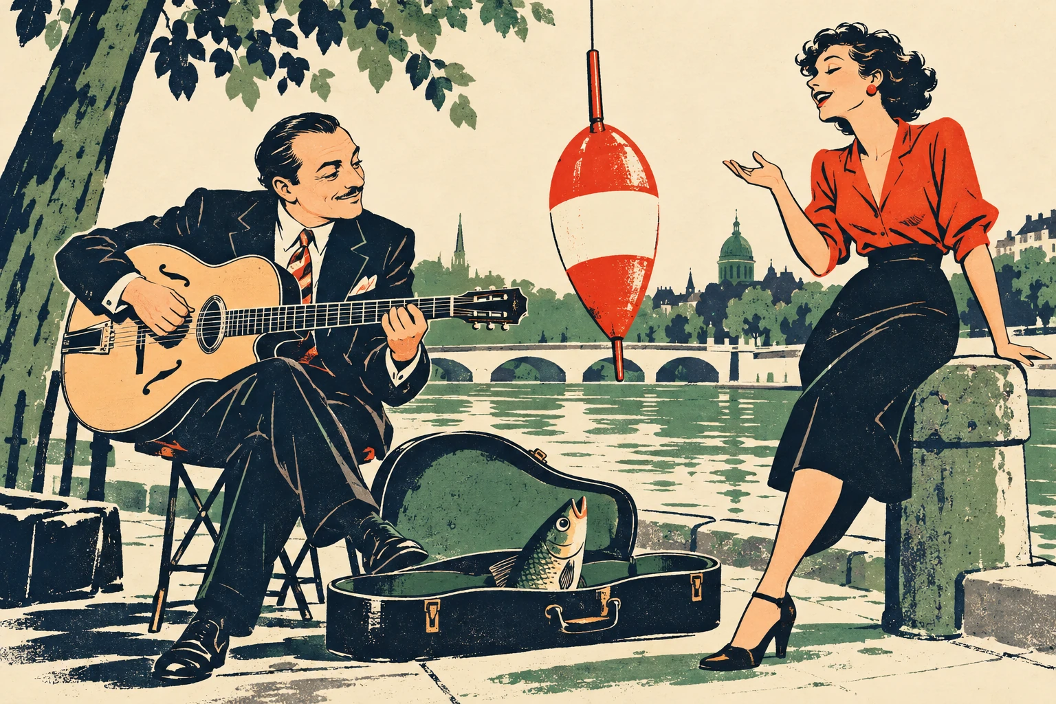 A guitarist and an adult woman singer rehearse beside an oversized stylized fishing float suspended over a flat river stripe. A fish peers from an open empty instrument case; playful title metaphor, no asserted session.