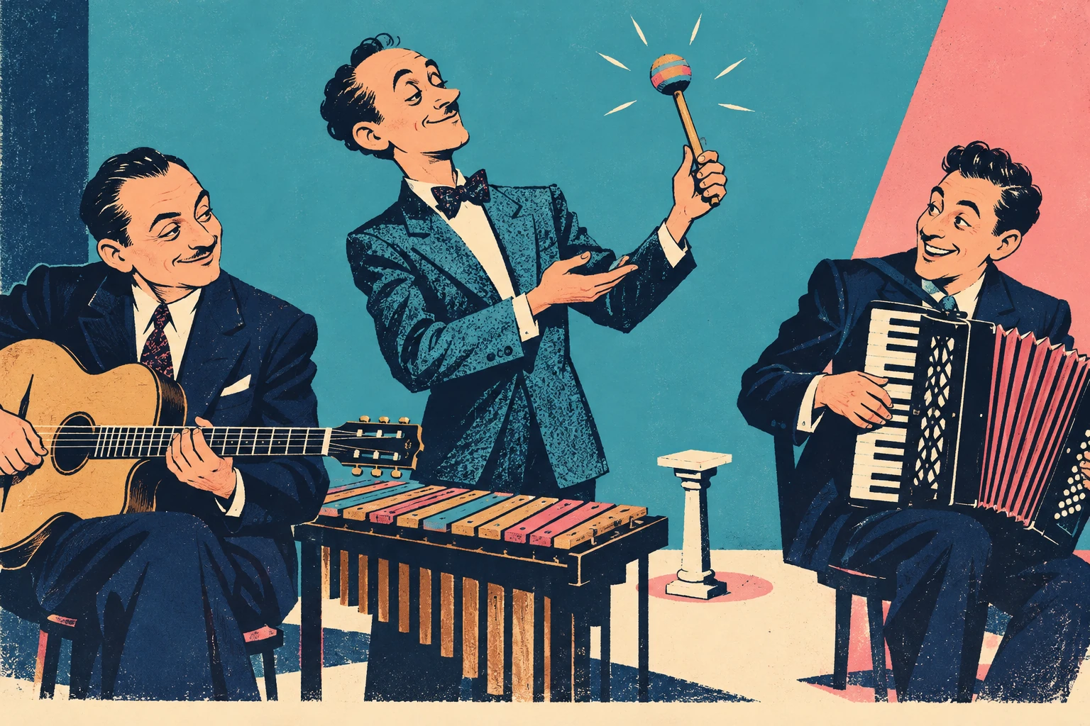 A xylophonist presents one brightly coloured wooden mallet like a prize while accordionist and guitar-banjo player look amused. A comically tiny plinth and bold plain wall; no beauty contest or romance.