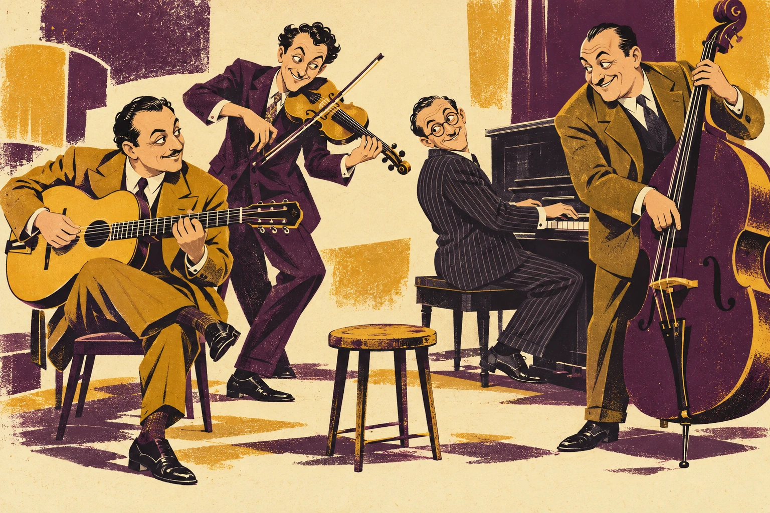 Four adult swing musicians with guitar, violin, piano and bass exchange mischievous glances around a single tiny stool. Distinct individual faces, practical period suits, broad comic silhouettes.