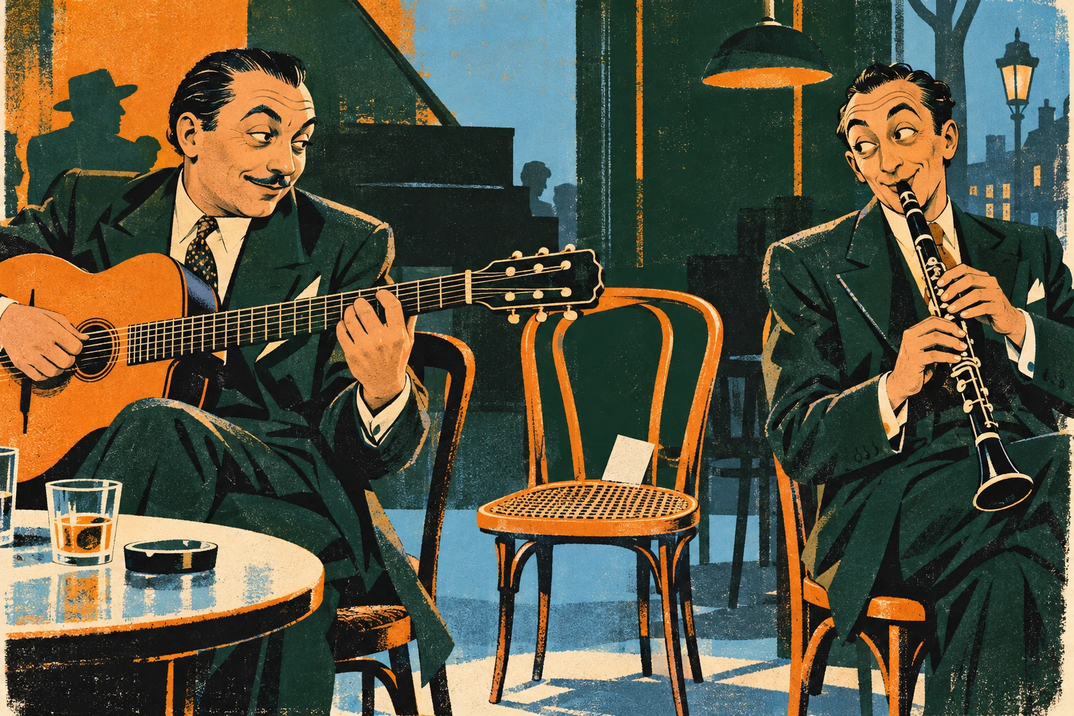A guitarist and clarinetist exchange mock-innocent raised eyebrows while a third empty chair hides a tilted playing-card-sized blank paper. Witty little-white-lies metaphor without text, no romantic couple.
