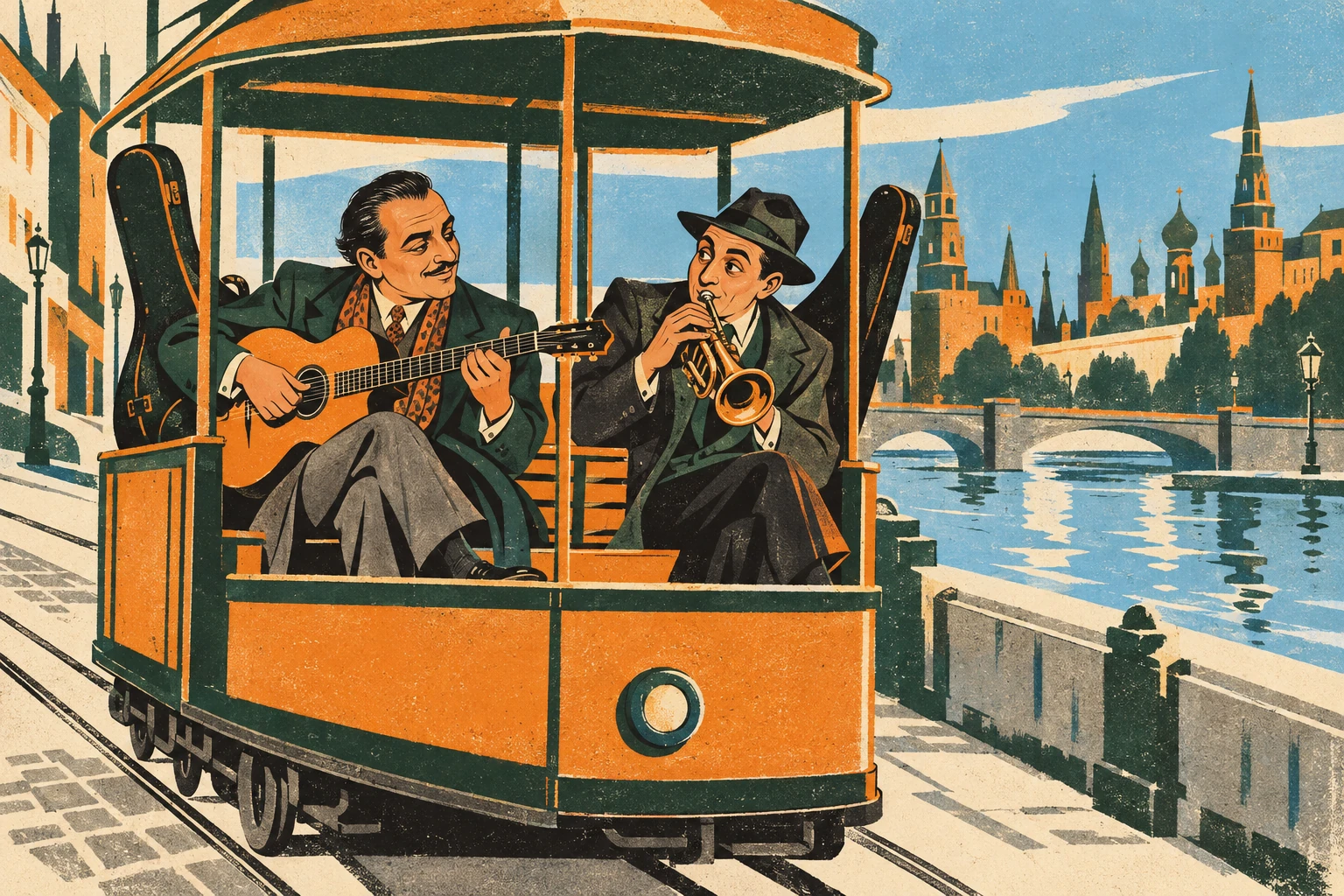 A guitarist and a cornet player ride a small plain tram beside a single flat river ribbon. Their tall instrument cases lean in opposite directions; period coats, angular urban geometry, no national caricature.