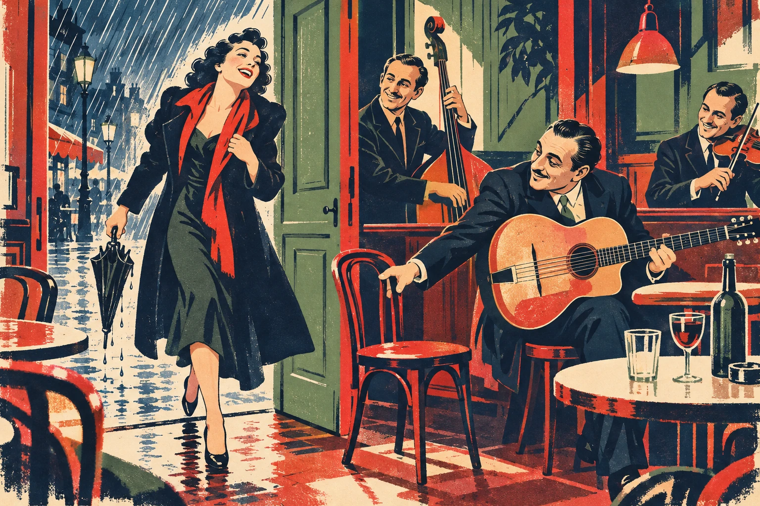 A tall adult singer hurries into a cafe with a closed dripping umbrella while the guitarist saves an empty chair. Bold diagonal rain strokes outside the doorway and a strong dry interior, no text or religious caricature.