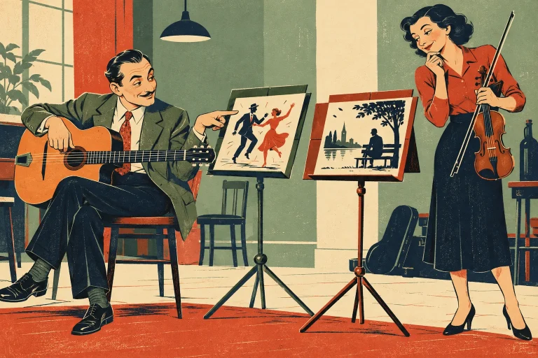 An adult guitarist and violinist pause beside two clearly different angular music stands. One musician points toward the correct stand with an amused raised eyebrow. Flat rehearsal-room geometry and a witty distinction between two songs.