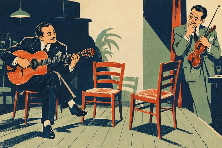A mature moustached guitarist plays the same jaunty gesture toward two differently angled empty chairs. A violinist compares the two with a wry expression; two takes suggested by dry graphic repetition.
