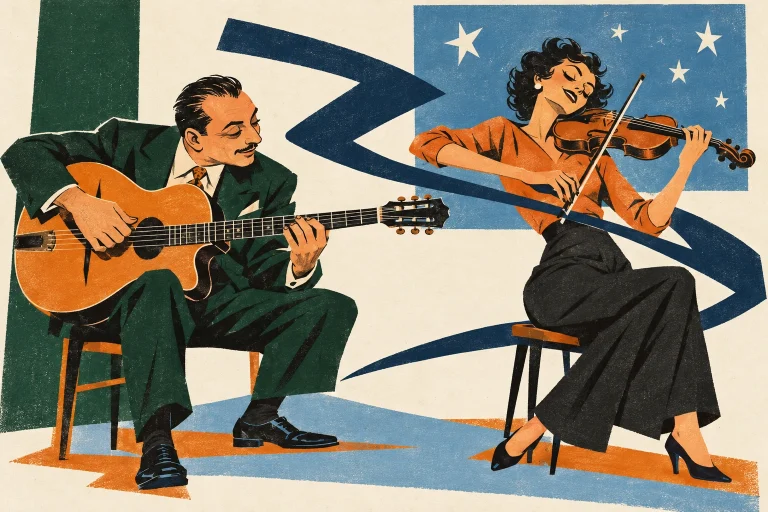 A guitarist and violinist share a long sweeping musical gesture suggested by one broad angular dark-blue ribbon. A few blunt white star shapes in a rectangular window; no dreamy glow or romantic landscape.