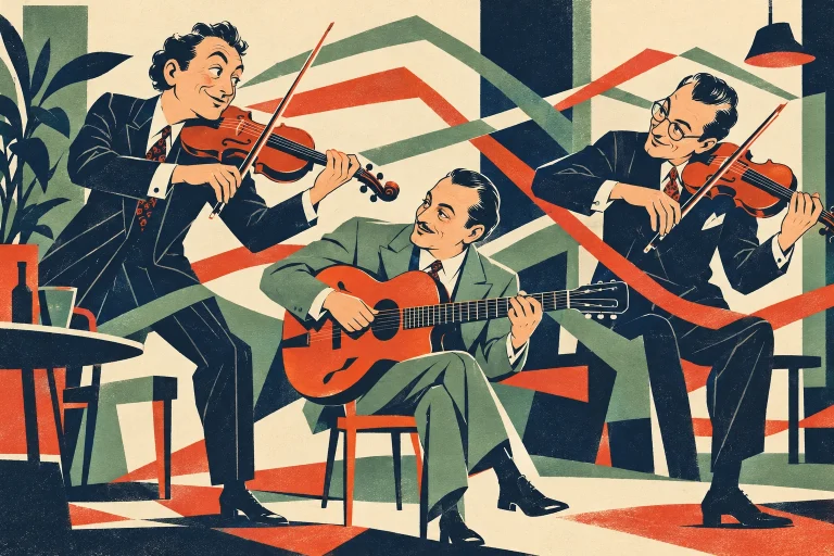 Two violinists exchange a short bow gesture while a seated guitarist keeps a quiet pulse. Interlocking geometric ribbons suggest counterpoint, no classical composer portraits or written scores.