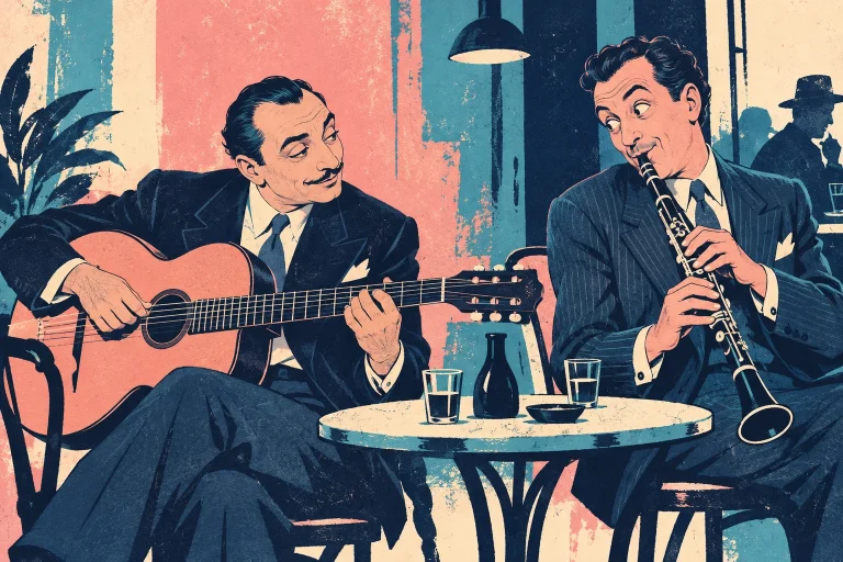 A mature Django-like guitarist and clarinetist exchange a compact musical phrase across a tiny cafe table. Their eyebrows and body language carry a dry comic conversation, restrained stage geometry.